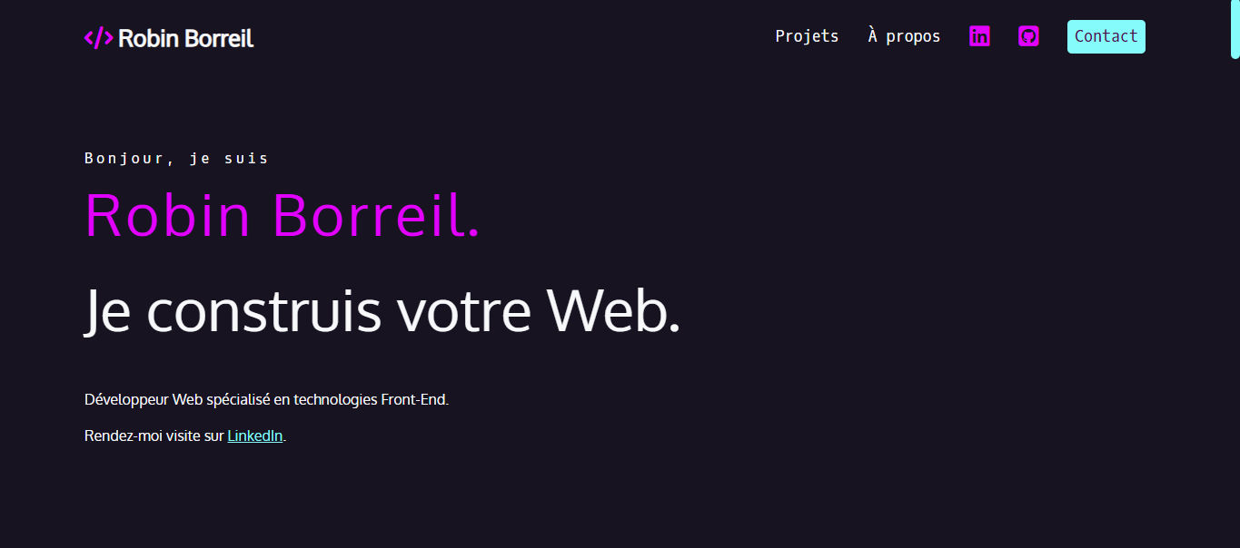 Capture de l'écran d'accueil de mon Portfolio v2